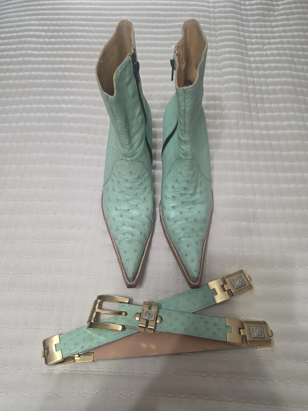 Mint Green Authentic Ostrich Leather Pointed Ankle Boots with Matching Belt
